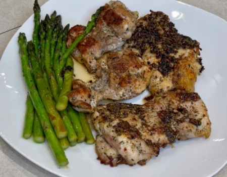 One Pan Herbed Chicken Thighs with Asparagus